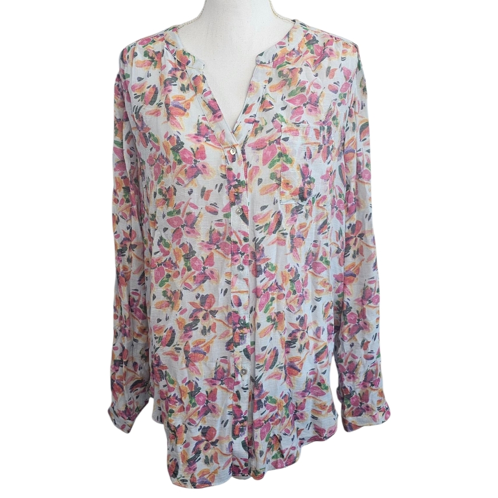 Zac & Rachel Floral Blouse XL Pink Multicolor Lightweight Button Front Top